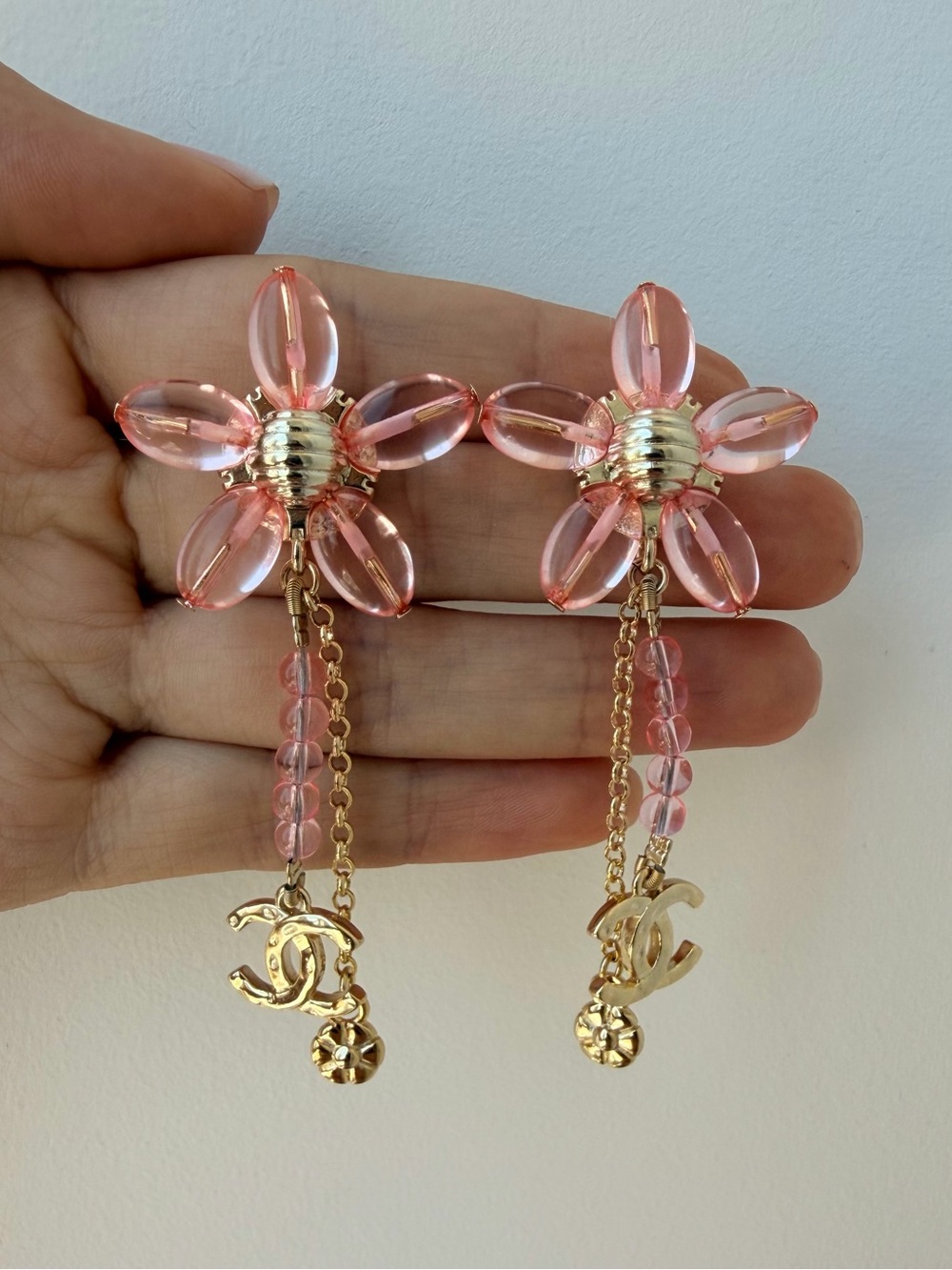 🌸CHANEL Pink Floral Drop Earrings with Gold CC Charms✨